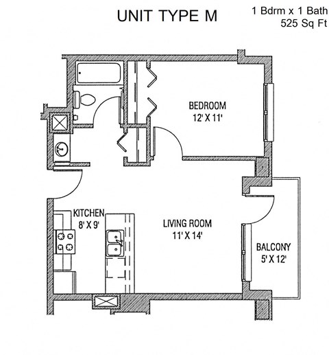 Floor plan for 1 bed, 1 bath, 525 sqft